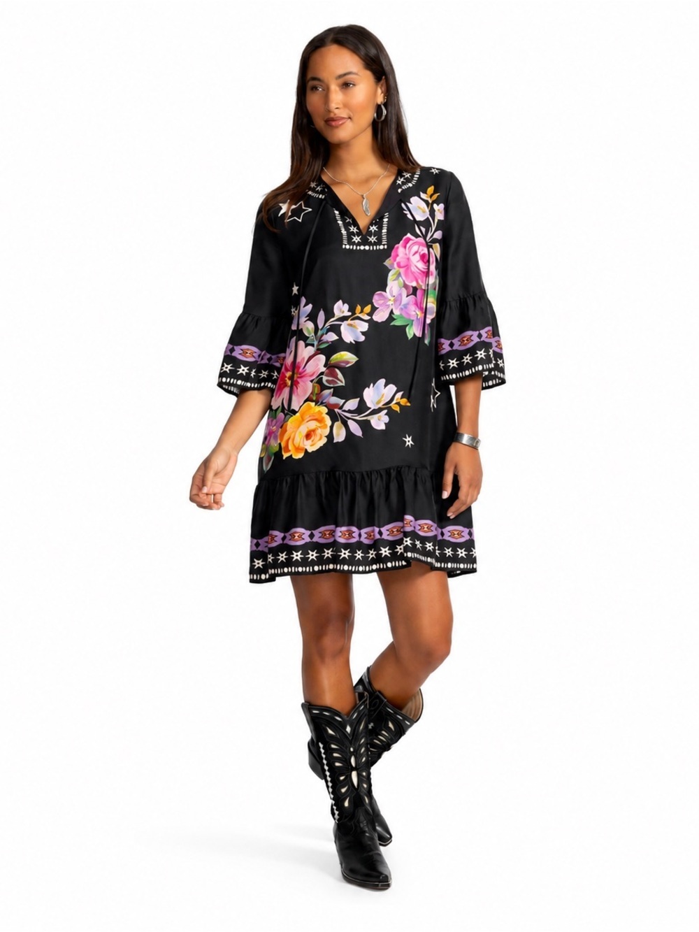 Johnny Was Jade Hailee Western Kasumi Black Floral Silk Flounce Shift Dress